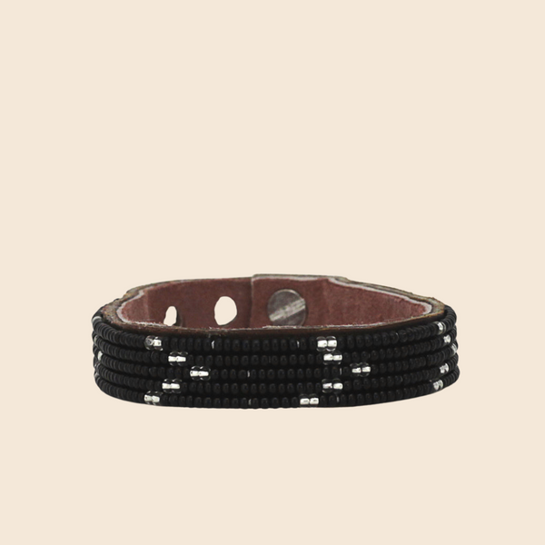 Beaded Leather Cuffs- Black + Silver