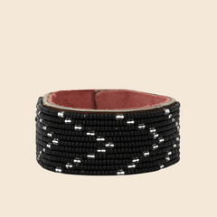 Beaded Leather Cuffs- Black + Silver