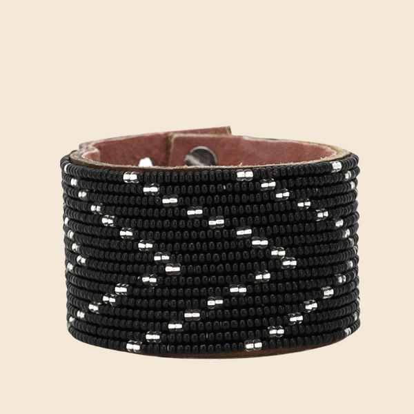 Beaded Leather Cuffs- Black + Silver