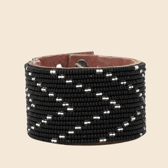 Beaded Leather Cuffs- Black + Silver