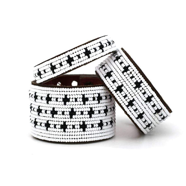 Black + White Stars Beaded Leather Cuffs - Redemption Market