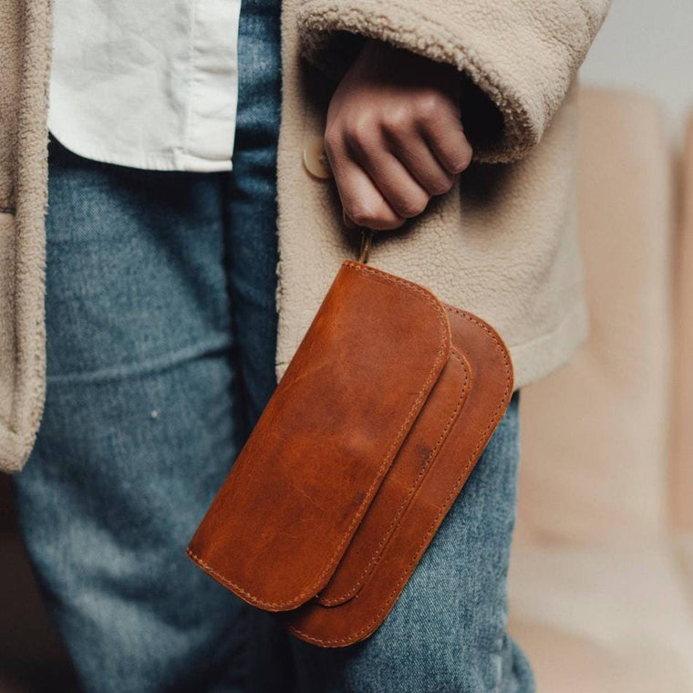 Leather Wristlet Wallet- Cognac