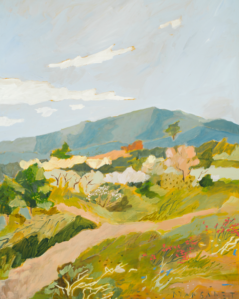 An impressionistic landscape painting featuring rolling green and yellow hills, a winding beige path, distant blue-green mountains, and a pale sky with white clouds. The painting is shown centered against a white background.