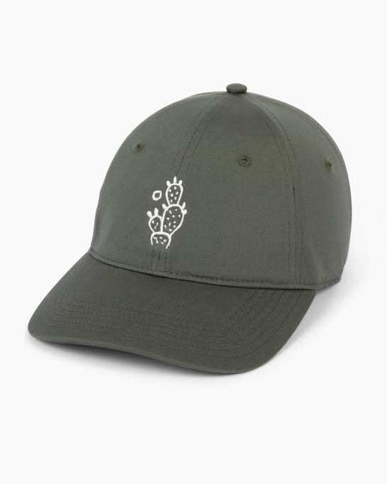 An olive green baseball cap with a small white embroidered graphic on the front, shown against a plain white background.