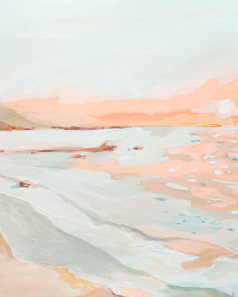 An impressionistic landscape painting of a coastal scene with pale blue water, peach and pink shoreline, distant hills, and a soft sky, shown with white margins around the artwork.