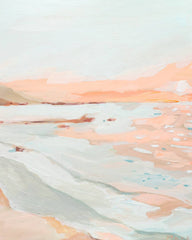 An impressionistic landscape painting of a coastal scene with pale blue water, peach and pink shoreline, distant hills, and a soft sky, shown with white margins around the artwork.