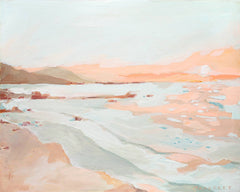 An impressionistic painting of a coastal landscape with pale blue water, peach and pink shoreline, distant hills, and a soft sky.