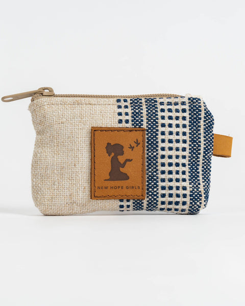 Small pouch with a checkered pattern and leather patch on a white background