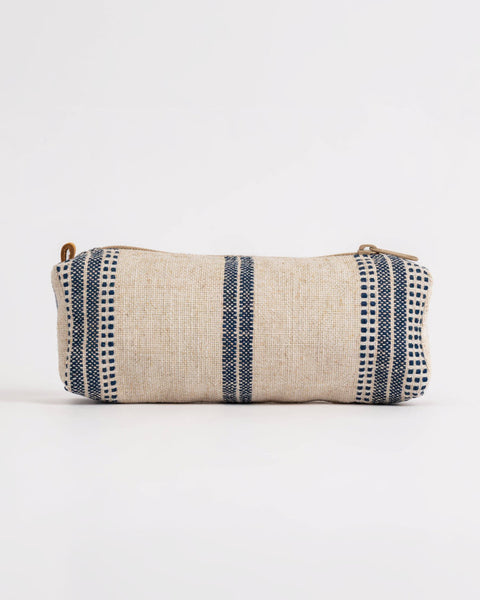 Beige and navy striped pouch on a white background