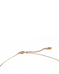 Close-up of a delicate gold chain necklace with an adjustable lobster clasp and a small leaf-shaped charm, photographed on a clean white background.