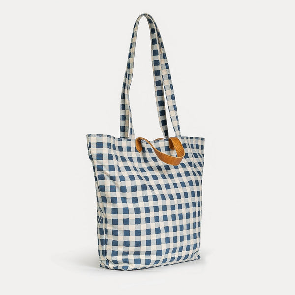 Carryall Block Print Tote- Indigo Gingham