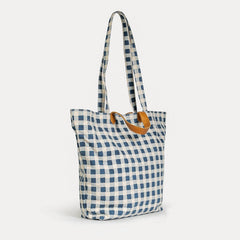 Carryall Block Print Tote- Indigo Gingham