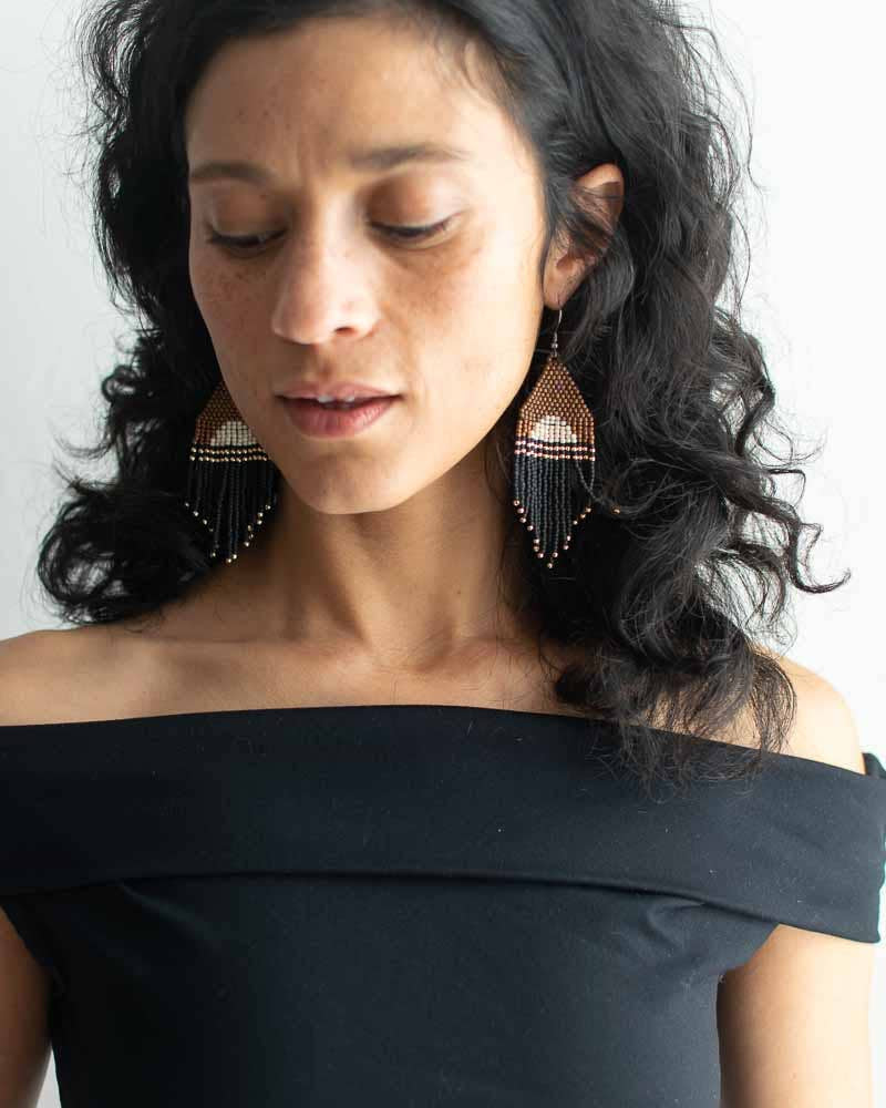Beaded Fringe Earrings- Noche