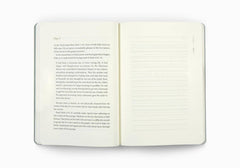 An open book with cream-colored pages and printed black text, photographed from above on a plain white background.