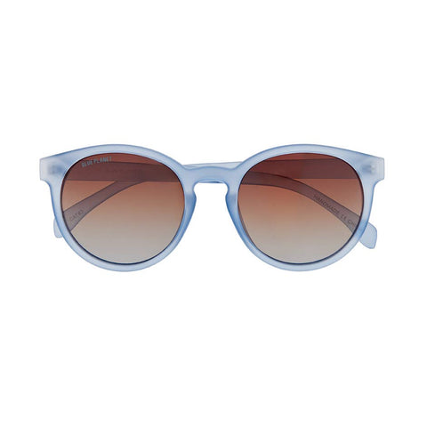 Sunglasses with blue gradient frames and brown lenses on a white background