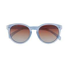 Sunglasses with blue gradient frames and brown lenses on a white background