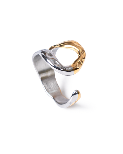 A two-tone open cuff ring featuring a polished silver band and a textured gold top, shown on a clean white background.