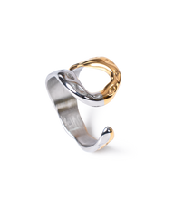 A two-tone open cuff ring featuring a polished silver band and a textured gold top, shown on a clean white background.