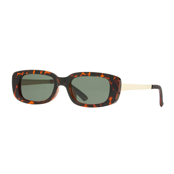 Sunglasses with tortoiseshell frame and green lenses on a white background