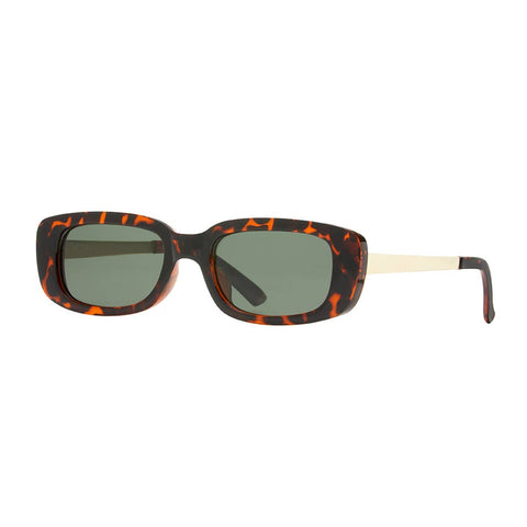 Sunglasses with tortoiseshell frame and green lenses on a white background