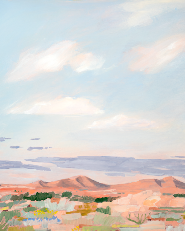 An impressionistic landscape painting featuring a vast light blue sky with soft white clouds, distant pinkish-orange hills, and a foreground of muted green shrubs and pale rock formations.