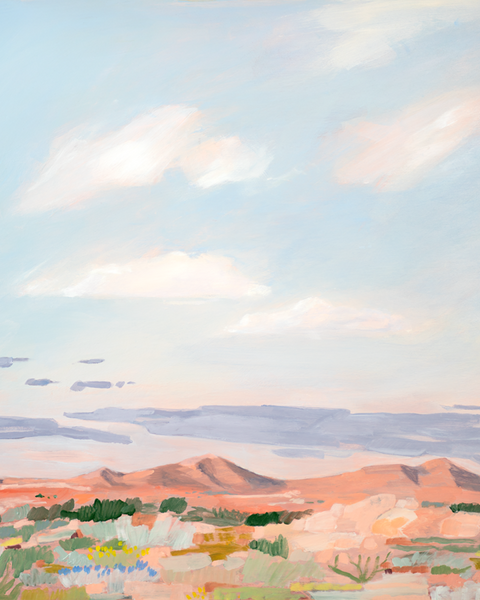 An impressionistic landscape painting featuring a vast light blue sky with soft white clouds, distant pinkish-orange hills, and a foreground of muted green shrubs and pale rock formations.