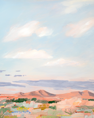 An impressionistic landscape painting featuring a vast light blue sky with soft white clouds, distant pinkish-orange hills, and a foreground of muted green shrubs and pale rock formations.