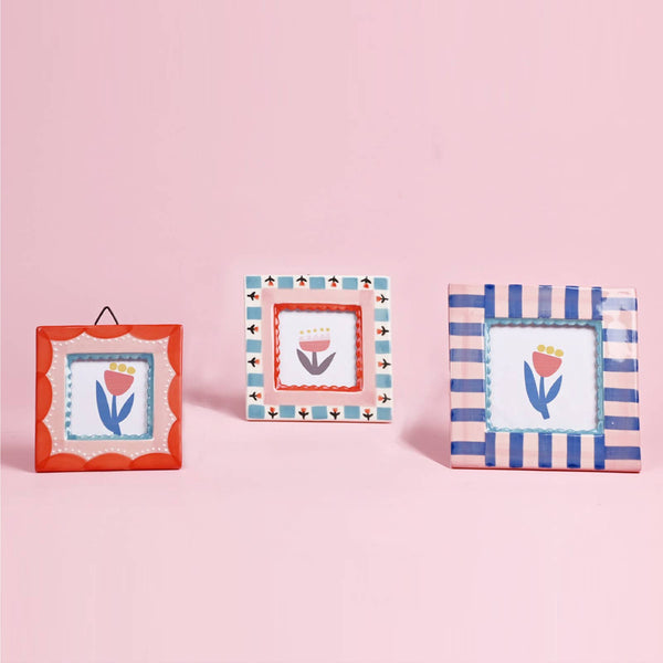 Hand-painted Ceramic Photo Frame- Blue Stripe