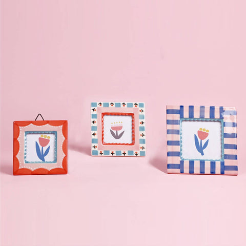 Hand-painted Ceramic Photo Frame- Blue Stripe