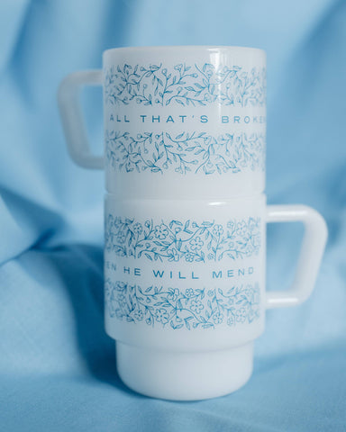 All That's Broken, He Will Mend- Milk Glass Mug