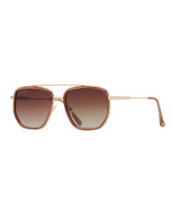Sunglasses with brown gradient lenses and gold frame on a white background