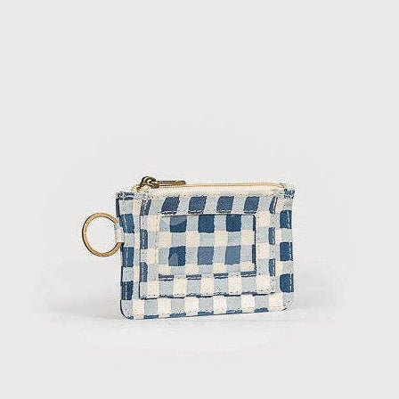 Hand block printed pouch with a secure ID window positioned inside the z...