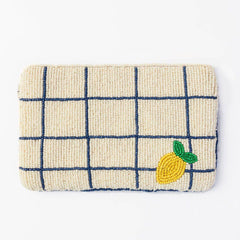 Rectangular pouch with grid pattern and lemon design on a white background