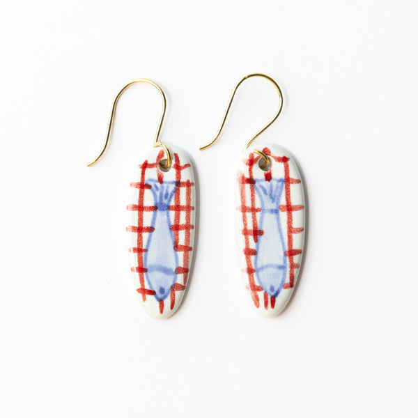 Ceramic Earrings- Fish + Red Plaid