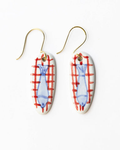 Ceramic Earrings- Fish + Red Plaid