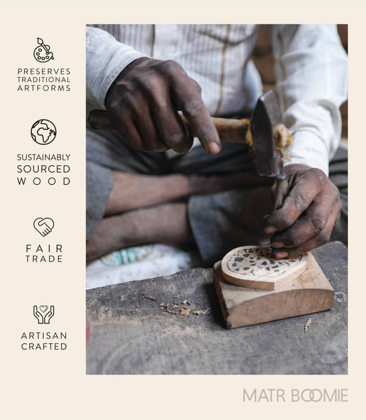 Person working with wood, highlighting sustainable and artisanal practices, with 'Matr Boomie' branding.