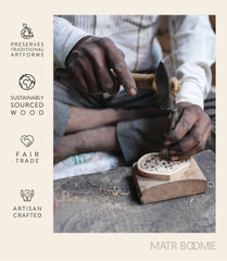 Person working with wood, highlighting sustainable and artisanal practices, with 'Matr Boomie' branding.