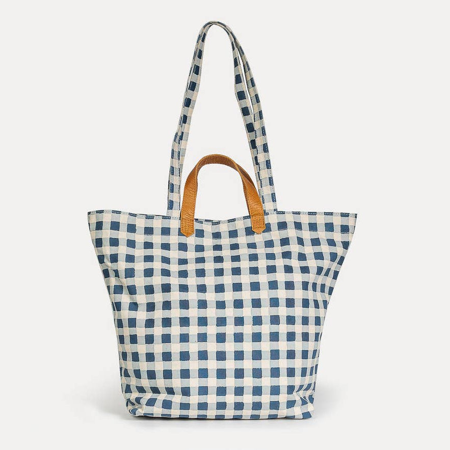 Carryall Block Print Tote- Indigo Gingham