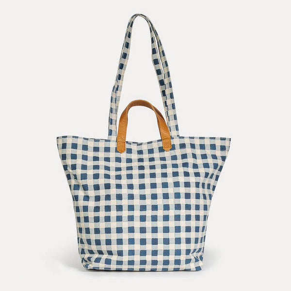 Carryall Block Print Tote- Indigo Gingham