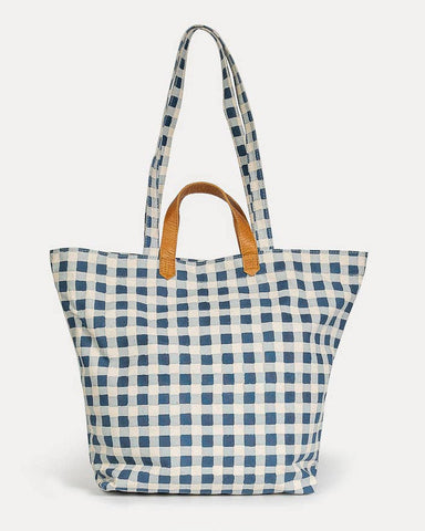 Carryall Block Print Tote- Indigo Gingham