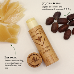 Bee Bella handcrafted lip balm with ingredients including beeswax, jojoba seeds, and vanilla bean.