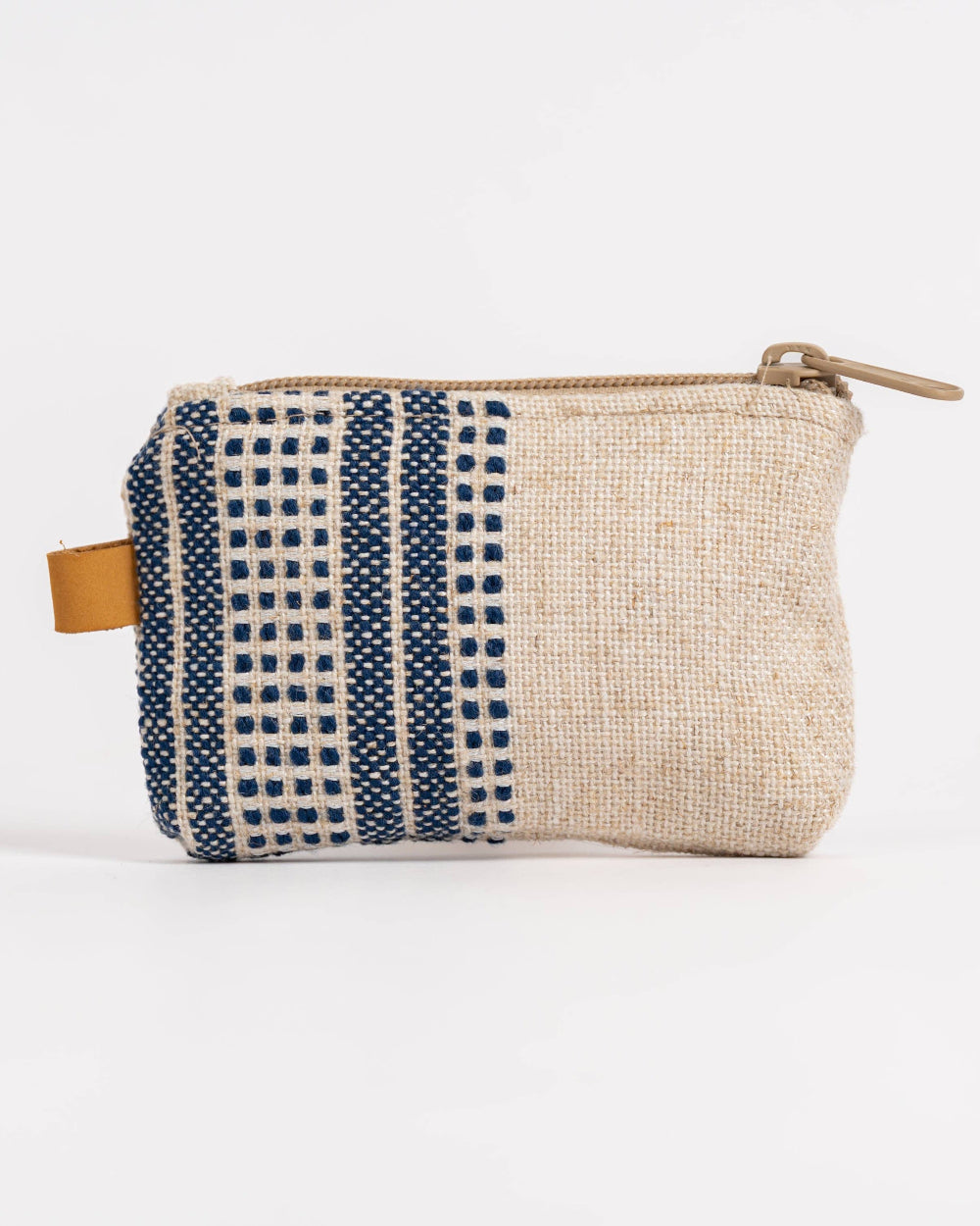 Small fabric pouch with zipper on a white background