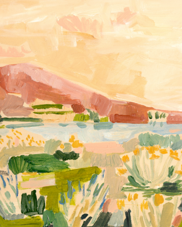 An impressionistic landscape painting featuring a warm peach and cream sky, a dusty pink hill, and green, blue, and yellow brushstrokes across a field of flowers.