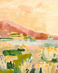 An impressionistic landscape painting featuring a warm peach and cream sky, a dusty pink hill, and green, blue, and yellow brushstrokes across a field of flowers.