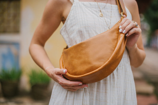 Leather Moon Sling Bag- Camel