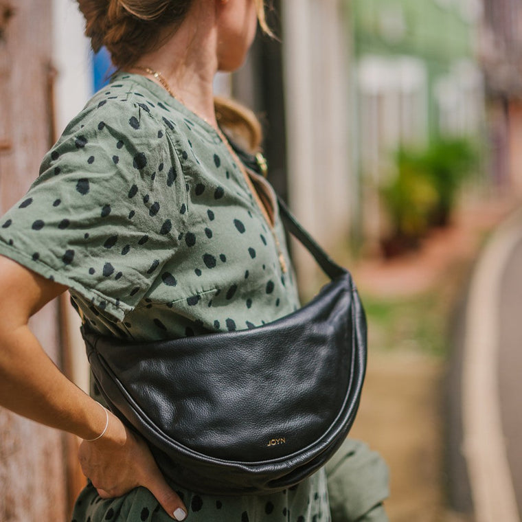 Leather Moon Sling Bag- Black