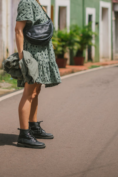 Leather Moon Sling Bag- Black