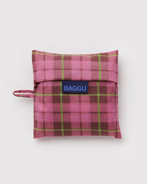 Pink plaid reusable bag with 'BAGGU' logo on a white background