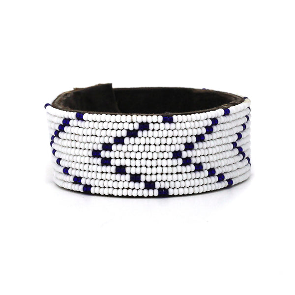 Beaded Leather Cuff Bracelets- Indigo + White