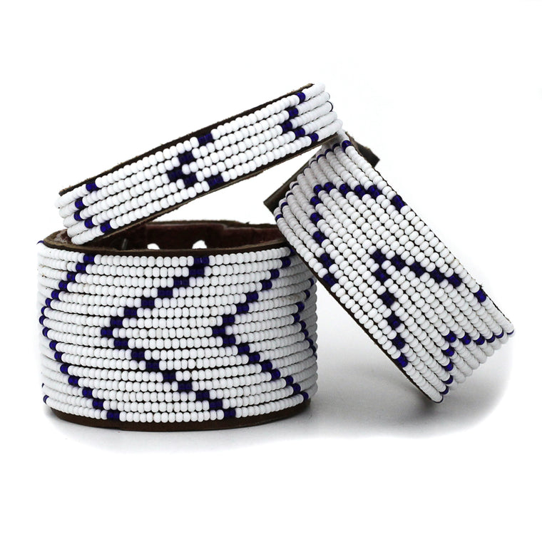Beaded Leather Cuff Bracelets- Indigo + White